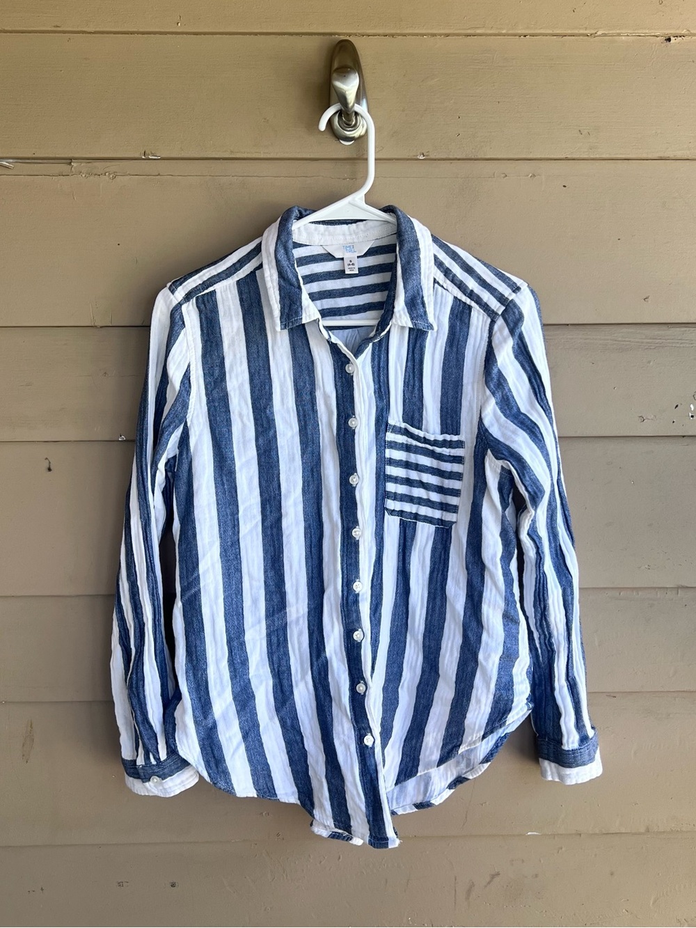 Time & Tru Slub 100% Cotton Striped Collared Button Down Shirt Blue White S